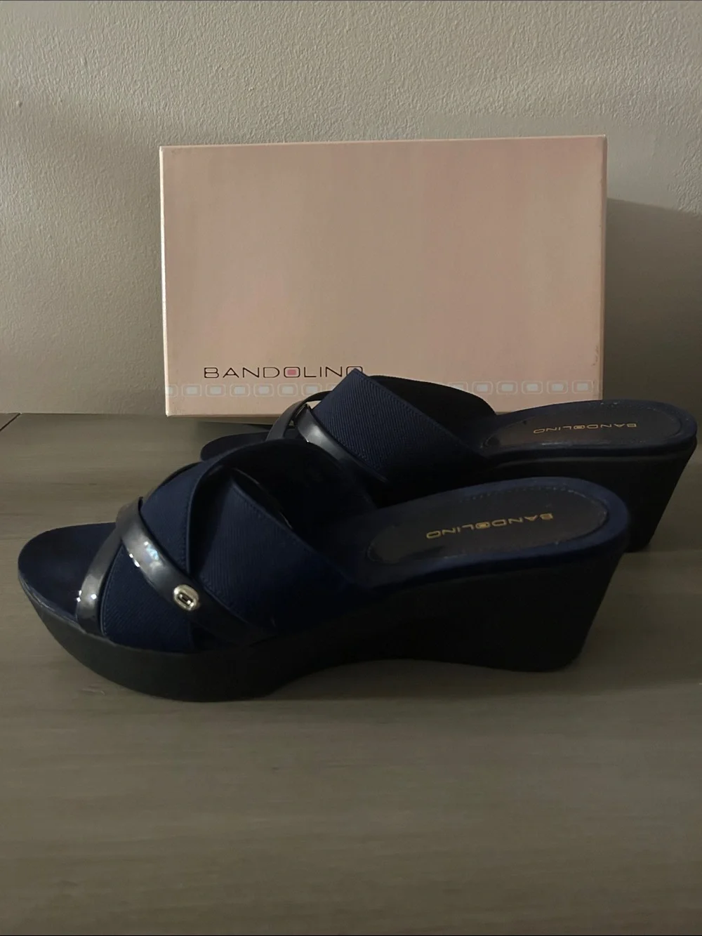 Bandolino Navy Wedge Slide Sandals with Glossy Strap